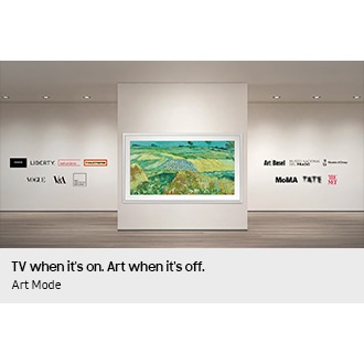 The Frame TV is mounted on a gallery-style wall, displaying an artwork. In the spaces logos of world-famous art institutions and brands appear, including Magnum Photos, Liberty, Belvedere, TOILETPAPER, Vogue, V&A, the Art Institute of Chicago, Art Basel, Museo Nacional del Prado, Musée d’Orsay, MoMA, Tate, The Met.