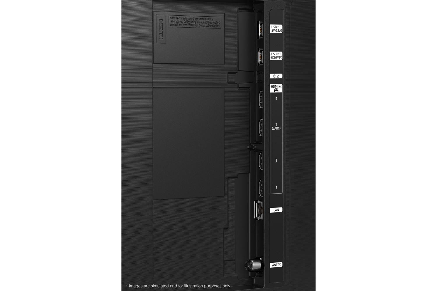 Samsung 2024 Neo QLED 4K QN85D has USB, HDMI, LAN, antenna ports and etc. on the side.