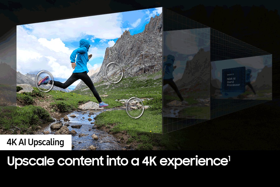Samsung NQ4 AI Gen2 Processor works behind the scenes to optimize the details of a runner jumping over a creek in great clarity.