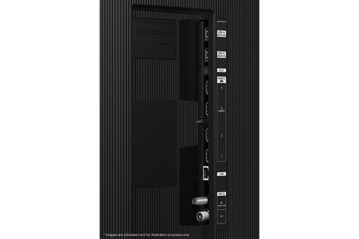 Samsung 2025 {Neo QLED 8K or Neo QLED or QLED} {Model} has USB, HDMI, LAN, antenna ports and etc. on the side.  (e.g., Samsung 2025 Neo QLED QN90F has USB, HDMI, LAN, antenna ports and etc. on the side.