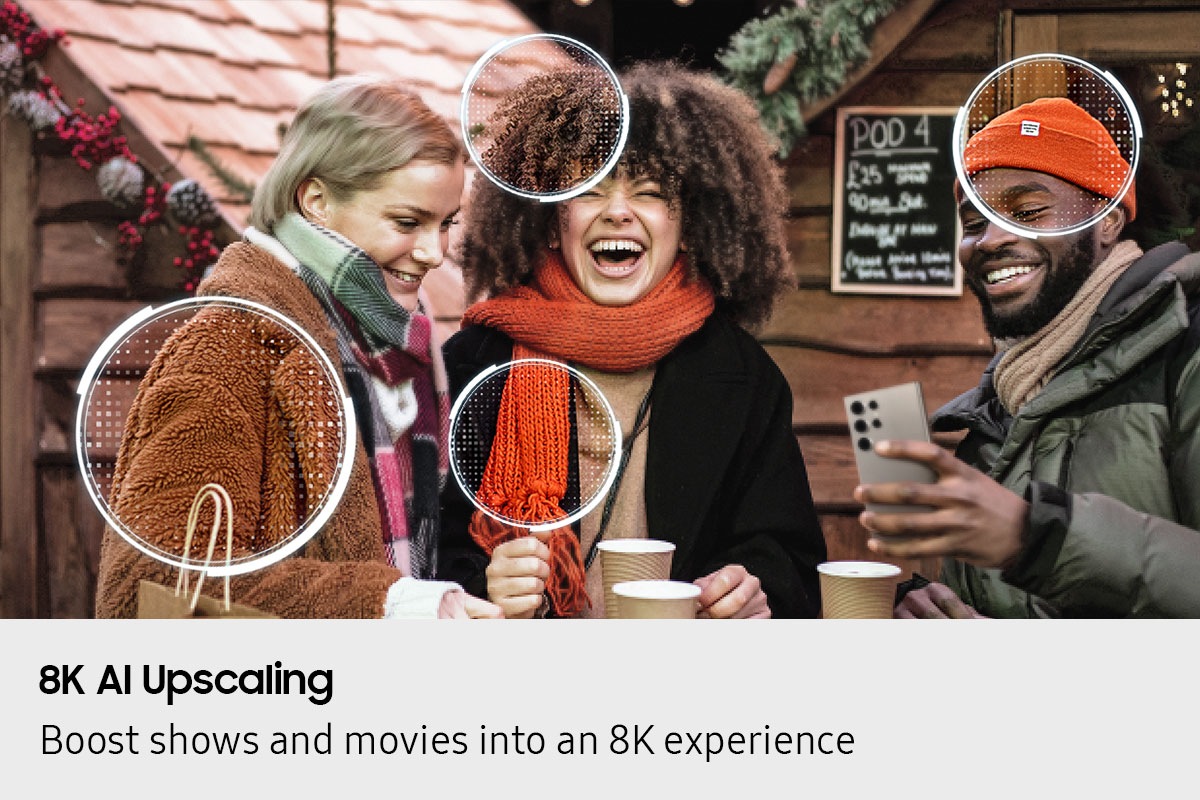 A slightly grainy scene of three people laughing outside. Samsung NQ8 AI Gen2 Processor appears on screen. It detects several different points on screen and clears them up. Then it clears up the entire screen, so the scene looks sharp and detailed with Mini LED.