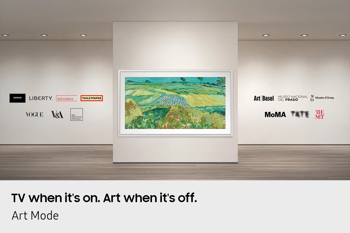 The Frame TV is mounted on a gallery-style wall, displaying an artwork. In the spaces logos of world-famous art institutions and brands appear, including Magnum Photos, Liberty, Belvedere, TOILETPAPER, Vogue, V&A, the Art Institute of Chicago, Art Basel, Museo Nacional del Prado, Musée d’Orsay, MoMA, Tate, The Met.