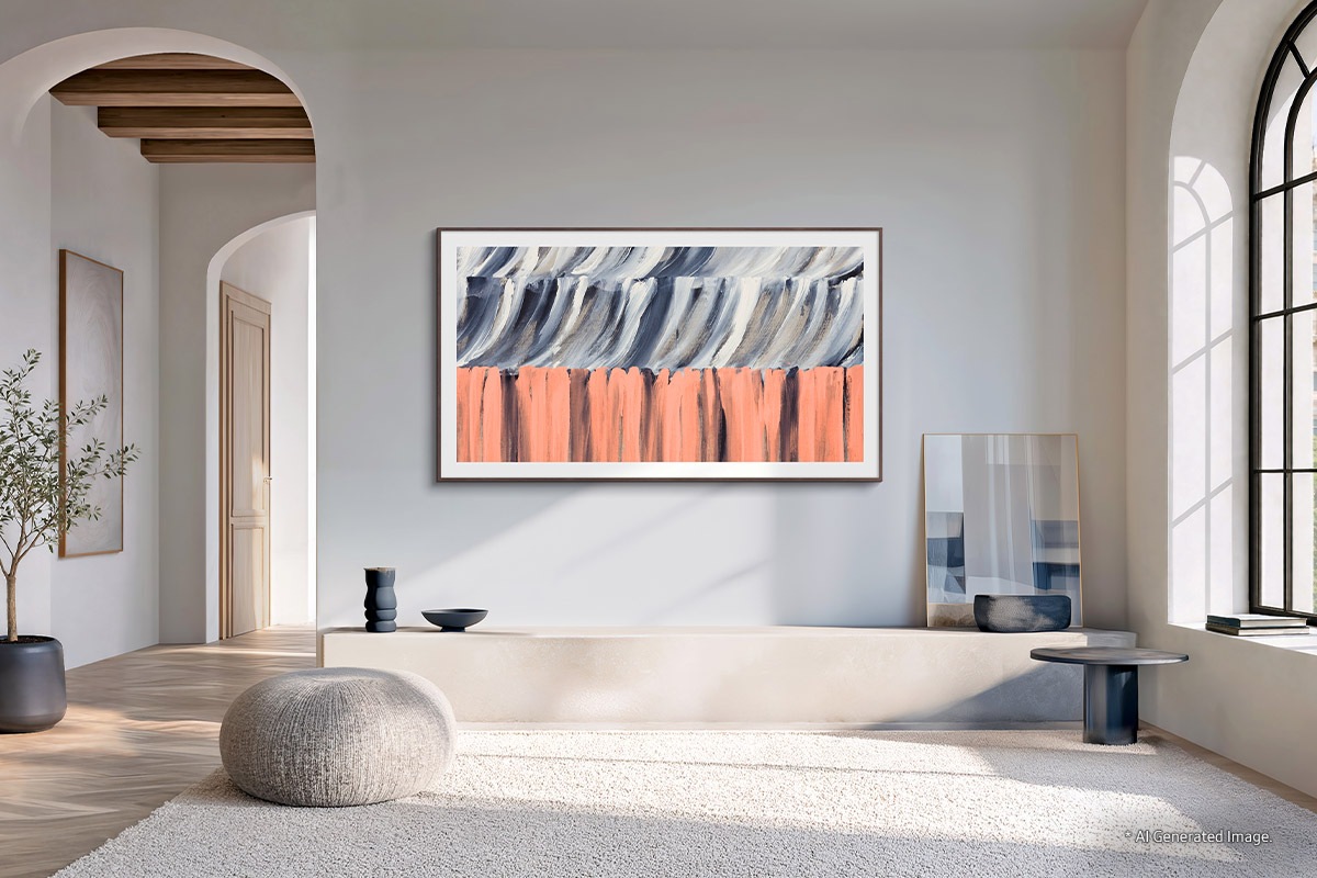 A wall-mounted Samsung The Frame TV displaying an abstract artwork blends in beautifully with the interior decor and the painting next to it. AI-generated image.