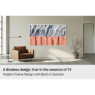 Minimalist living room with large window, leather armchair, and floor lamp, featuring The Frame TV mounted flush to the wall displaying abstract artwork, blending seamlessly like a framed painting.