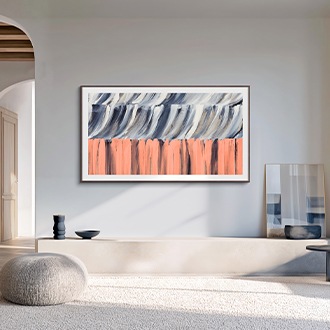 A wall-mounted Samsung The Frame TV displaying an abstract artwork blends in beautifully with the interior decor and the painting next to it. AI-generated image.