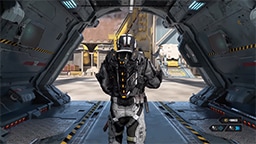 A video game character is exiting the back of an airplane.