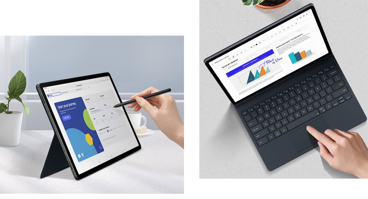 A person is pointing S Pen at a Galaxy Tab S9+ with a web browser shown onscreen, propped up horizontally at an angle using the Book Cover Keyboard. A top view of a person using the trackpad on the Book Cover Keyboard to navigate the Samsung Notes app on Galaxy Tab S9+.