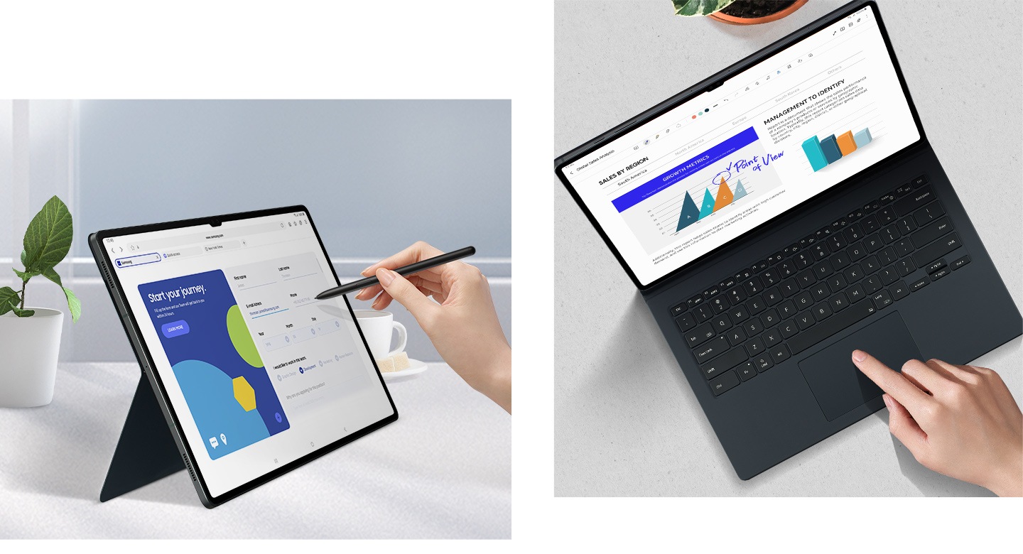 A person is pointing S Pen at a Galaxy Tab S9 Ultra with a web browser shown onscreen, propped up horizontally at an angle using the Book Cover Keyboard. A top view of a person using the trackpad on the Book Cover Keyboard to navigate the Samsung Notes app on Galaxy Tab S9 Ultra.