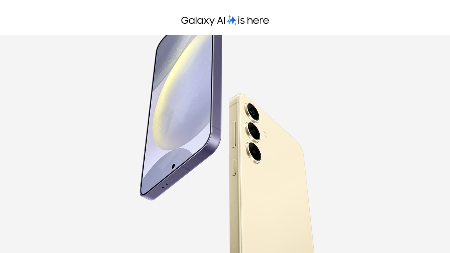 Galaxy AI is here. Galaxy S24 Plus in Cobalt Violet is seen from the front and Galaxy S24 in Amber Yellow is seen from the rear.