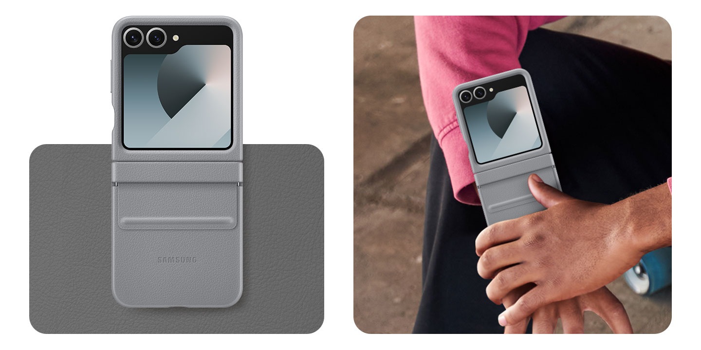  2) The phone in a gray-colored Kindsuit Case. The phone is placed on a swatch. Beside that one is a man's hands carrying it comfortably in his hands. 