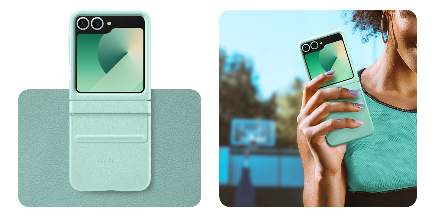 1) The phone in a mint-colored Kindsuit Case. The phone is placed on a swatch. Beside that one is a woman in mint-colored active wear holding up the phone. 