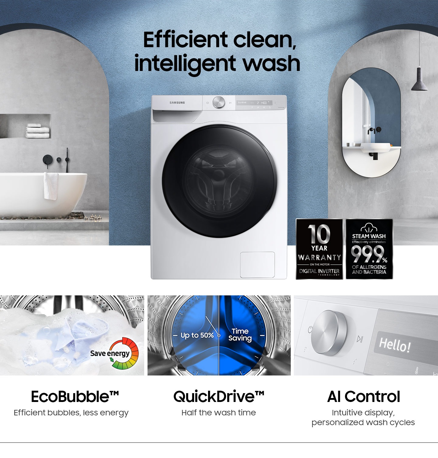 WD7300T is germ-free, and 10-year warranty with EcoBubble, QuickDrive, and AI Control functions.