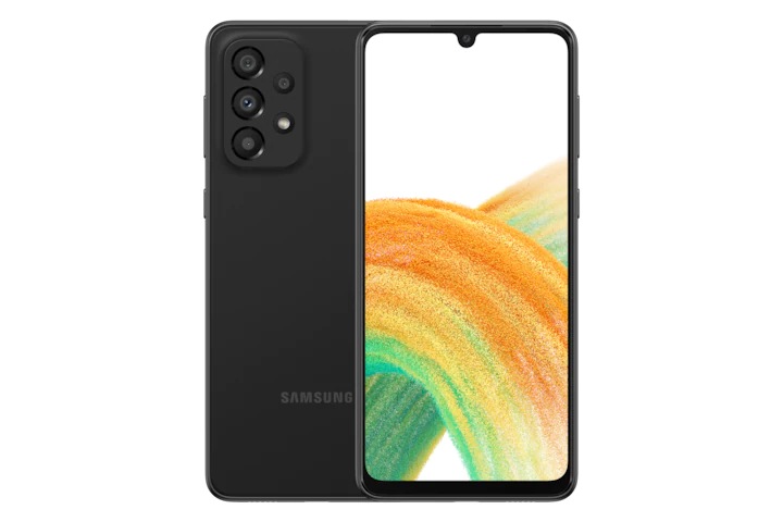 2. يظهر هاتف Galaxy A33 5G باللون الأسود الرائع من الأمام مع ظهور خلفية ملونة على شاشته. يدور الهاتف ببطء ليعرض الشاشة، ثم الجانب الانسيابي المستدير الذي يشتمل على حامل بطاقة SIM، ثم السطح غير اللامع وفتحة الكاميرا الصغيرة للغاية في الجانب الخلفي، وبعدها يتوقف عندما يظهر الجانب الأمامي مرة أخرى.