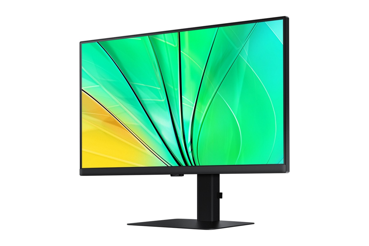 Front-right perspective of 24 inch Samsung ViewFinity S60D with green wave on screen.