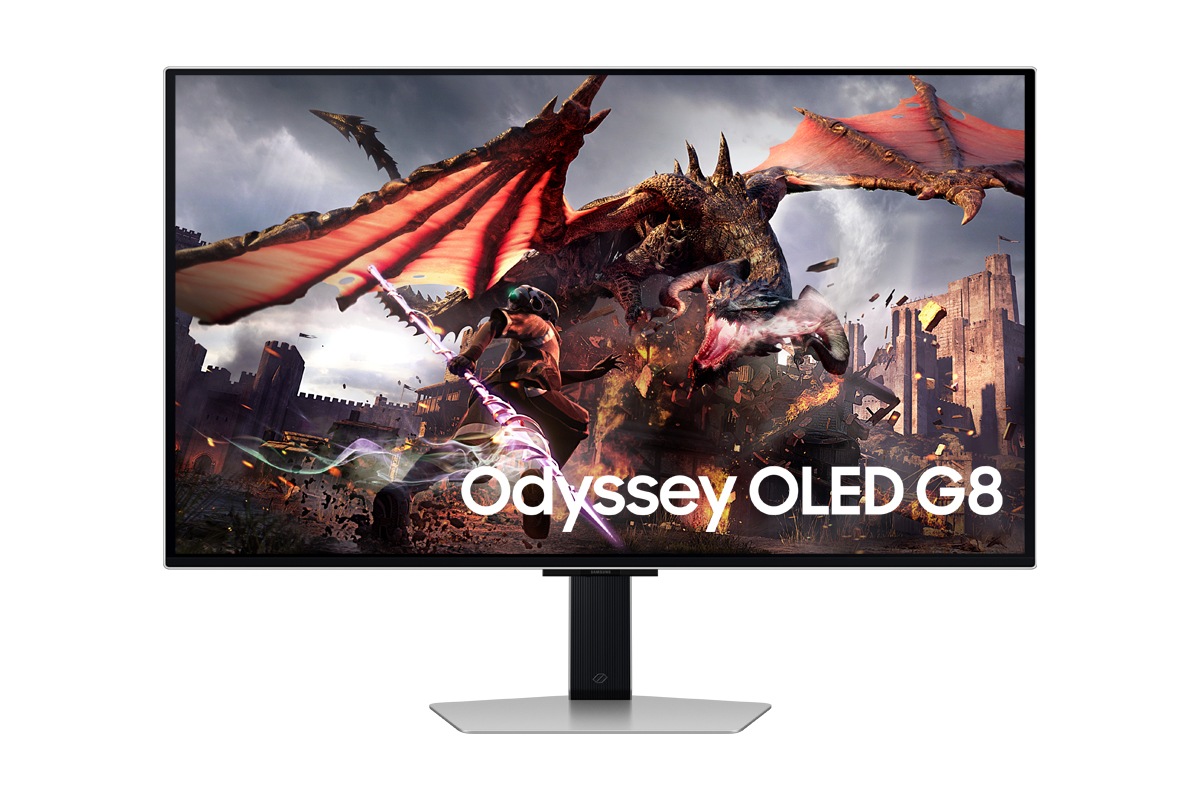 Front of Samsung Odyssey OLED G8 G80SD with dragon and warrior on screen.