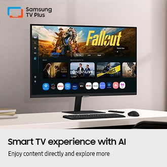 Smart TV experience with AI. Enjoy content directly and explore more. Monitor on desk displays Smart TV Apps page with various content and apps lined up. Samsung TV Plus logo.