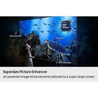 Large Samsung Neo QLED TV in modern living room displays a crisp natural landscape scene.