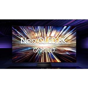 Various features for the Samsung Neo QLED 8K QN800D TV are shown, including AI upscaling technology and an AI processor, picture quality, sound quality, gaming, design, available content, security and energy.