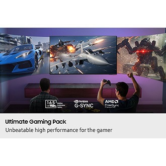 Two men gaming in living room. 3 large screens display different games 165 Motion Xcelerator 165Hz, Nvidia G-Sync and AMD FreeSync Premium Pro logos.