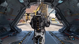 A video game character is exiting the back of an airplane.