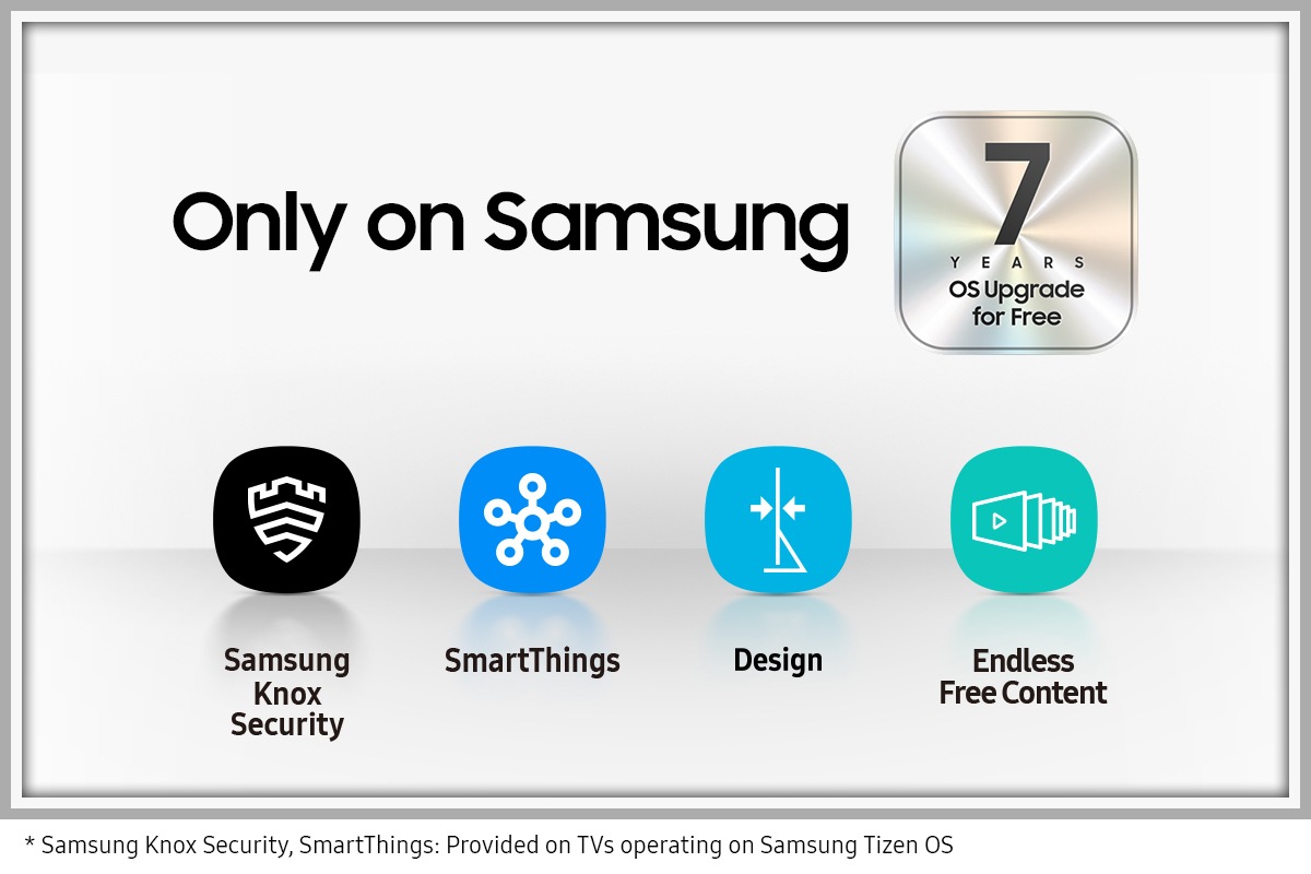 The reasons for Why Samsung TV are given in a series of icons for Samsung Knox Security, SmartThings, Design and Endless Free Content. An extra silver icon also states another benefit for Samsung TVs, which is 7 years of OS upgrades for free.