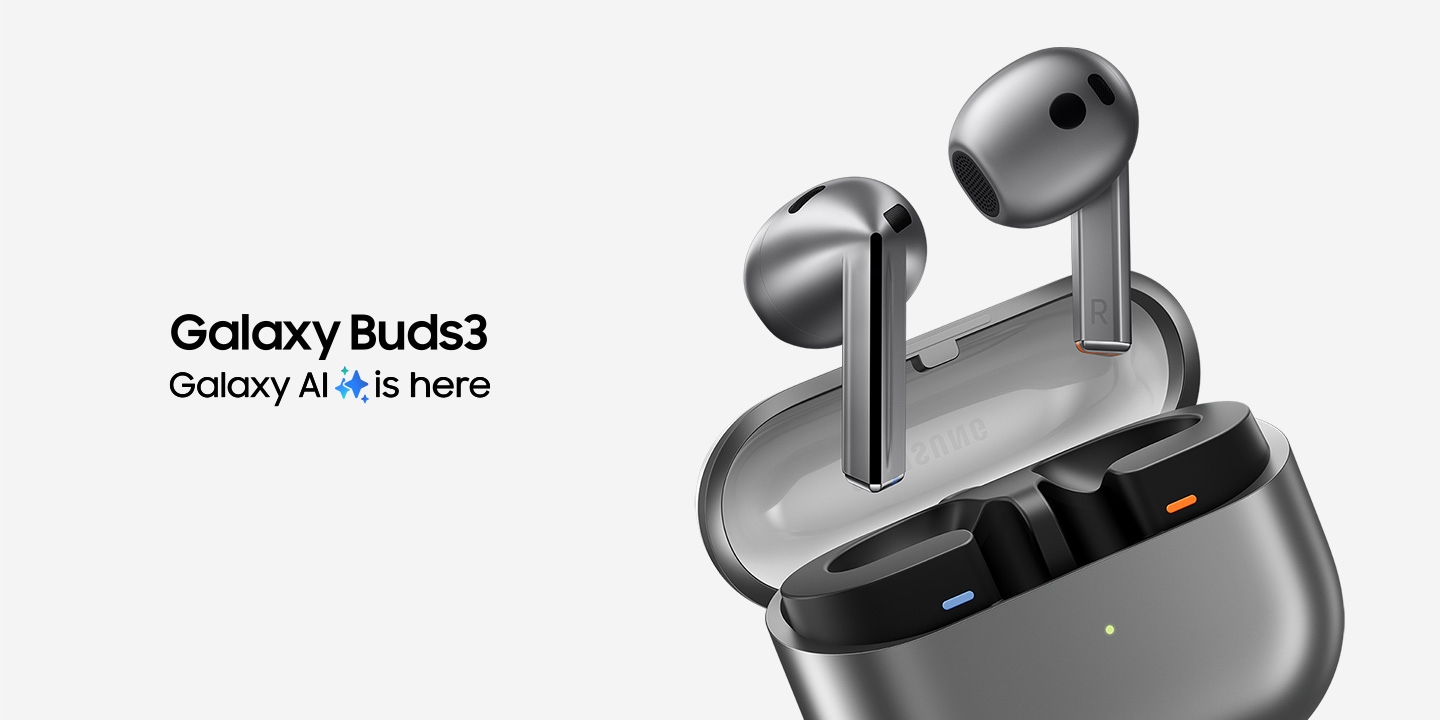 A pair of silver Galaxy Buds3 earbuds hovering above the open case that is tilted toward the left.  Galaxy Buds3 in text. Galaxy AI is here in text with the Galaxy AI icon in between "AI" and "is".