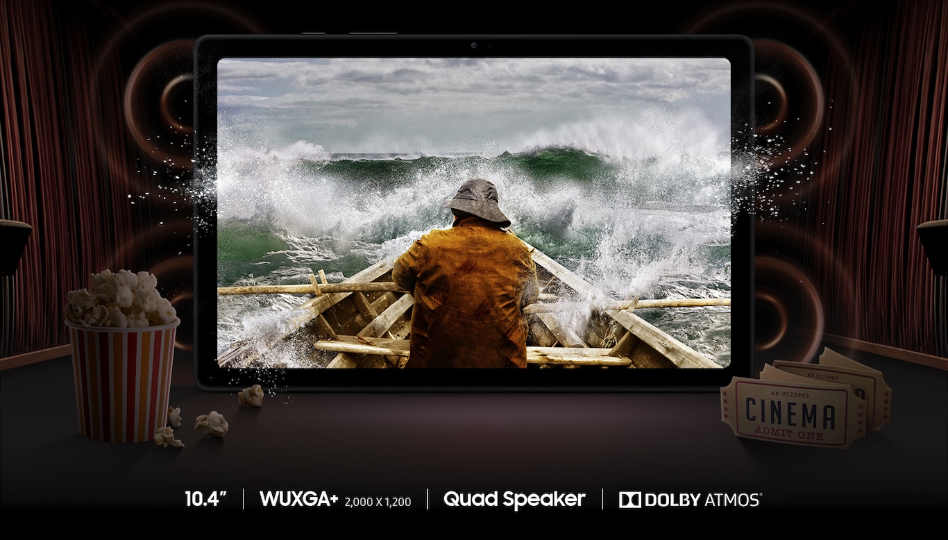 A movie scene is shown on Galaxy Tab A7’s WUXGA+ 2,000 x 1,200 resolution screen next to movie theater tickets and popcorn.
