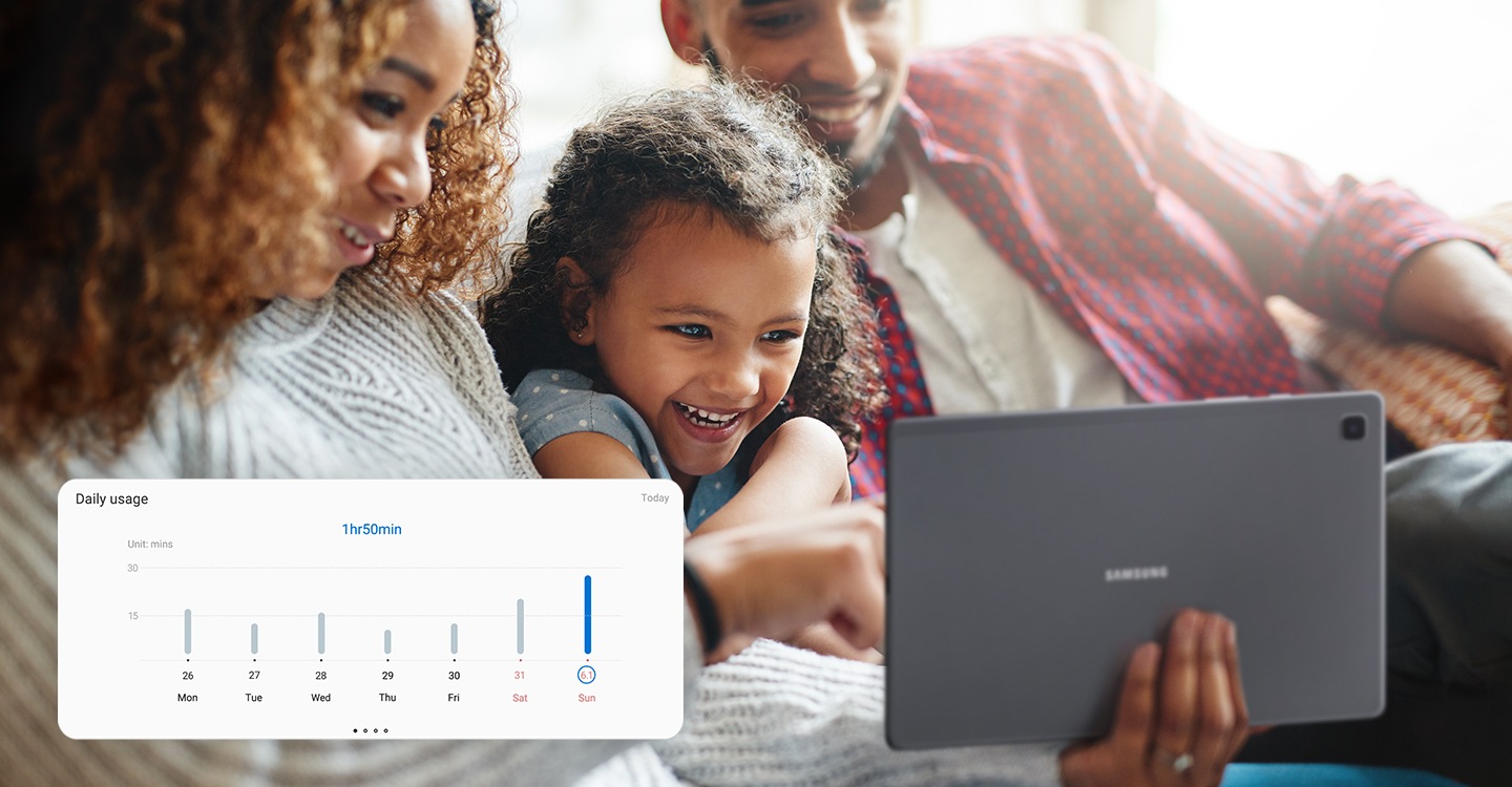 A young girl sits with her parents, grinning at her Galaxy Tab A7. The parental usage control feature appears at the bottom.