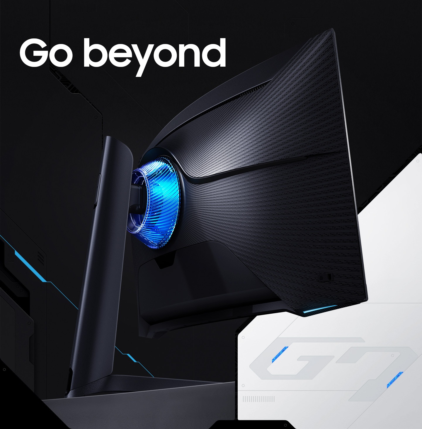 This video shows the Odyssey G7 monitor. You can show the whole back of the monitor while the back of the monitor is close up, showing the overall appearance of the product.