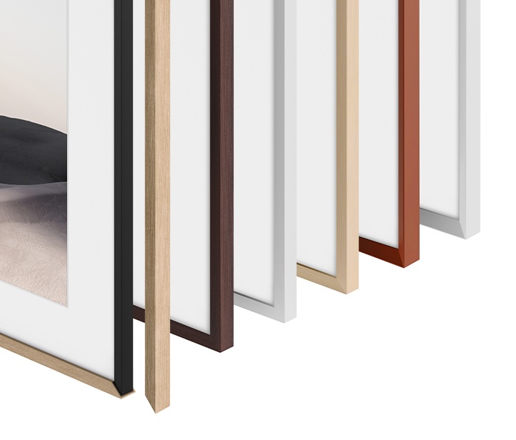 Customizable Frame bezel is showing magnetic attachment capability of The Frames Modern and Beveled bezel styles as well as the available Teak, Brown, Brick Red and White colors for each bezel style.