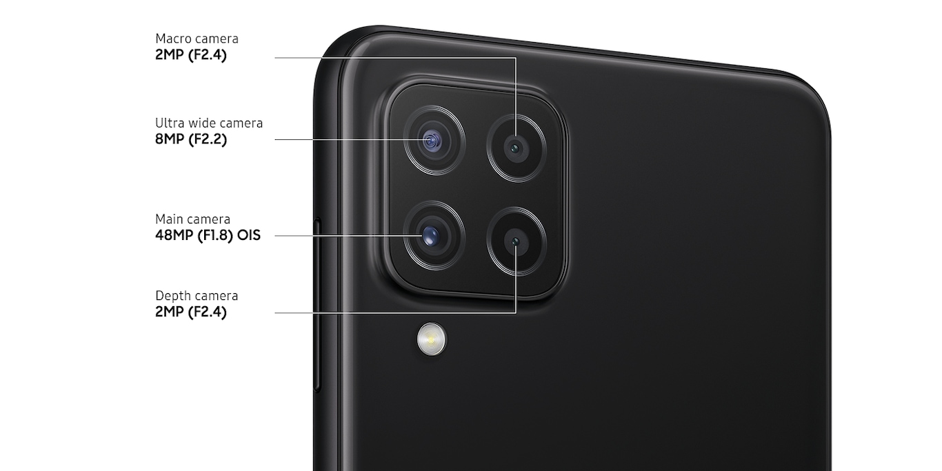 A rear close-up of advanced Quad Camera on the Black model, showing F1.8 48MP OIS Main Camera, F2.2 8MP Ultra Wide Camera, F2.4 2MP Depth Camera and F2.4 2MP Macro Camera.