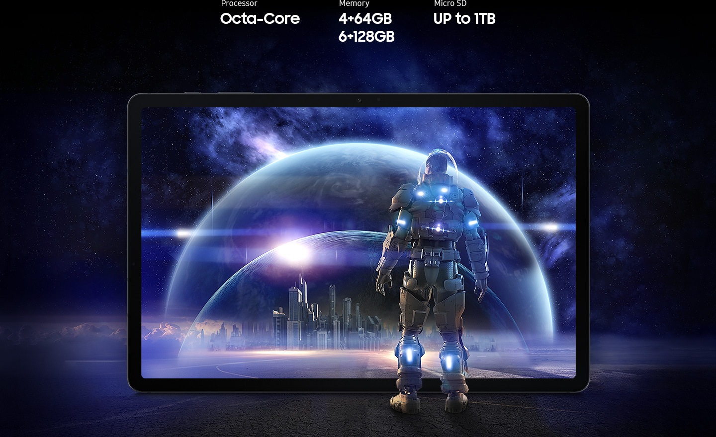 Galaxy Tab S7 FE seen from the front with a futuristic scene from a game onscreen. A person in a spacesuit stands in front of the screen, staring into the scene of glass bubbles surrounding a cityscape. Text says Processor Octa-core, Memory 4 plus 64GB, 6 plus 128GB, MicroSD up to 1TB.