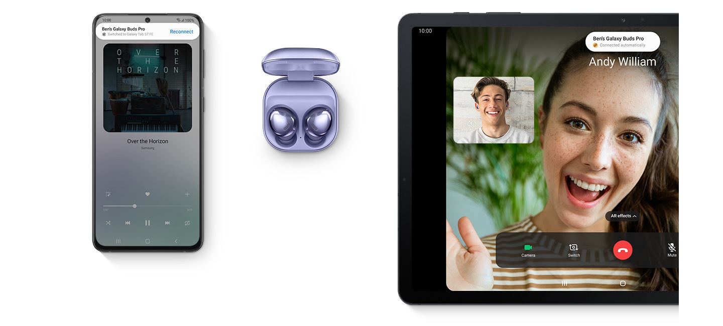 1. Galaxy smartphone and Galaxy Tab S7 FE, both seen from the front. Both have the same website onscreen, showing a blog with recipes.2. Galaxy smartphone and Galaxy Tab S7 FE, both seen from the front. Both have Samsung Notes onscreen, showing the recipe for a Sub sandwich.3. Galaxy smartphone, Galaxy Buds Pro and Galaxy Tab S7 FE. Galaxy Buds Pro is seen from the top, open with the earbuds inside. The phone shows the Music app onscreen and a notification that Ben's Galaxy Buds Pro switched to the tablet. The tablet shows a video call between a man and a woman and a notification that Galaxy Buds Pro connected automatically.