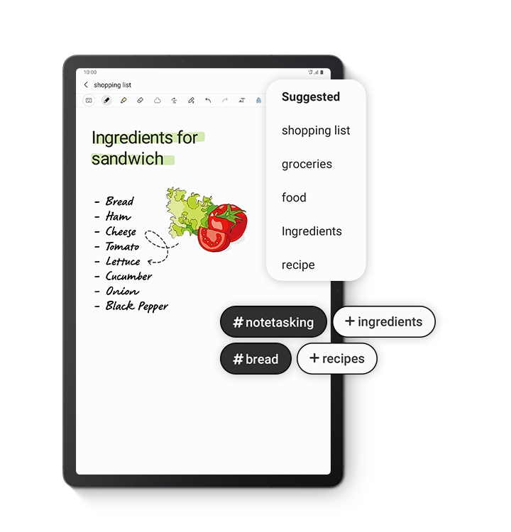 Galaxy Tab S7 FE seen from the front with Samsung Notes onscreen showing a recipe for a sandwich. Suggested titles appear that say shopping list, groceries, food, ingredients, and recipe. Suggested hashtags also appear, in addition to notetaking and bread, the tags ingredient and recipe are recommended.