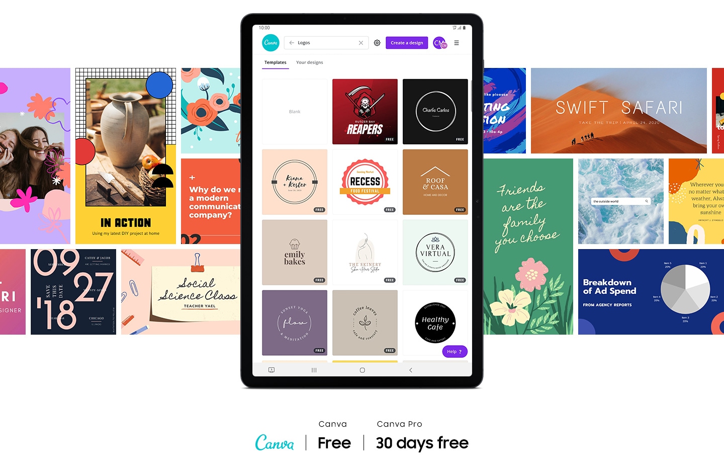 Galaxy Tab S7 FE seen from the front with the Canva app onscreen showing 12 logo template examples. Other options for templates are on either side of the tablet to show the range of things you can create in Canva. Canva logo.Text says 4times a year, 50ea. Each