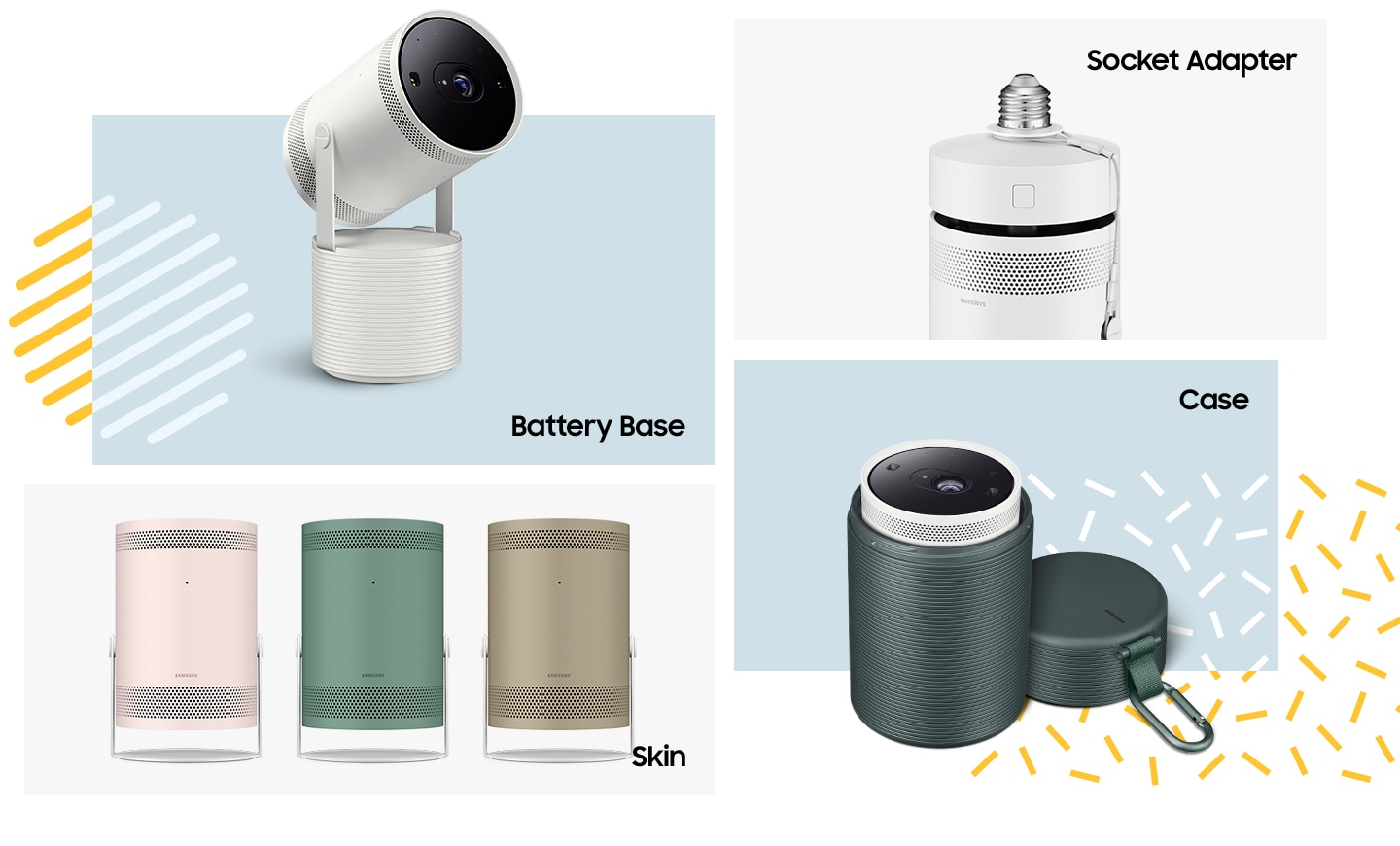 First, The Freestyle is shown with its portable battery. Second, The Freestyle Socket Adaper is displayed. Third, 3 different types of The Freestyle Skins are shown. Pink, Green and Coyote-colored skins from left to right. Fourth, The Freestyle Case is displayed with its cap off.