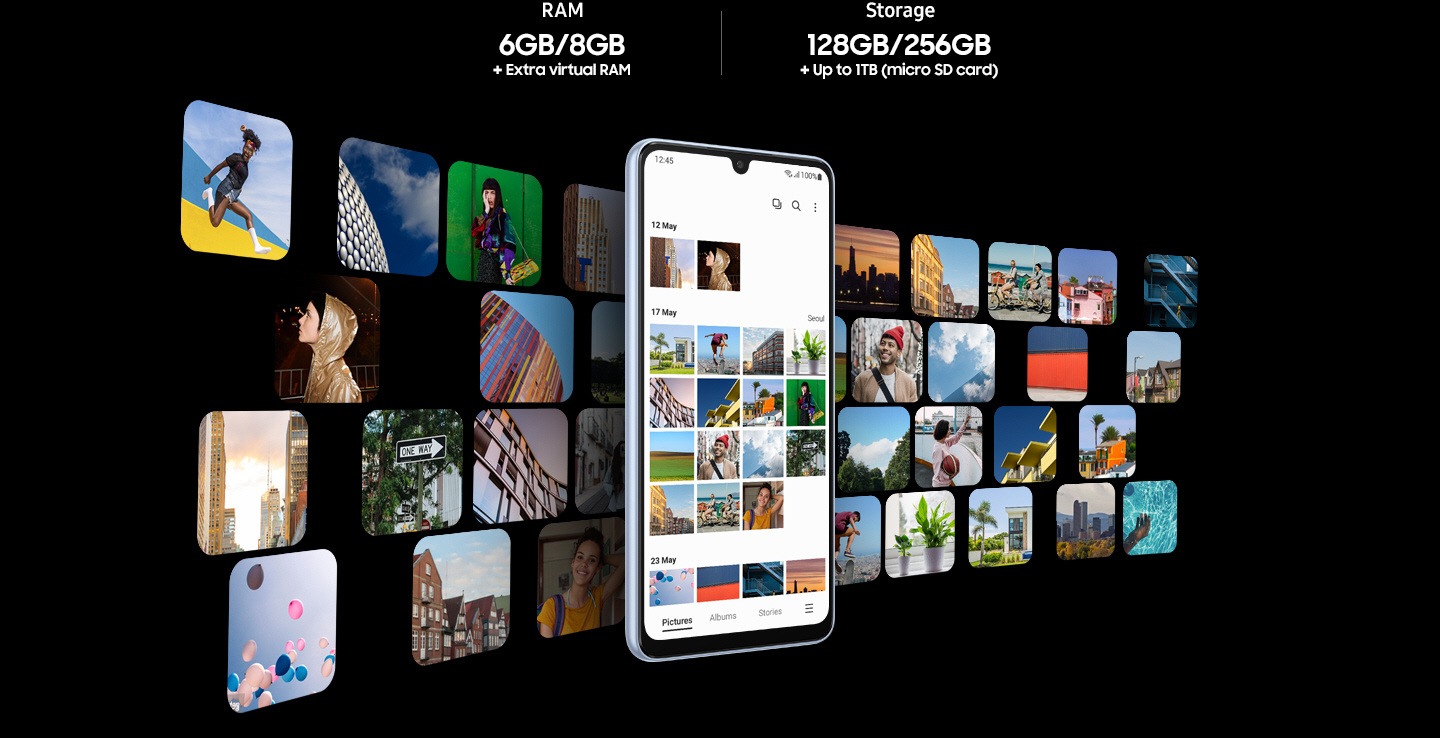 Galaxy A33 5G with the Gallery app onscreen is in the center. Numerous images are spread out in the background, representing that users can store their images and videos in Galaxy A33's spacious storage. Text reads RAM 6G/8GB +Extra virtual RAM and Storage 128/256GB +Up to 1TB (Micro SD card).