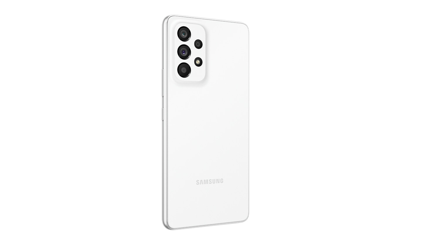 Galaxy A53 5G in Awesome White seen from the front with a colorful wallpaper onscreen. It spins slowly, showing the display, then the smooth rounded side of the phone with the SIM tray, then the matte finish and the minimal camera housing on the rear and comes to a stop at the front view again.