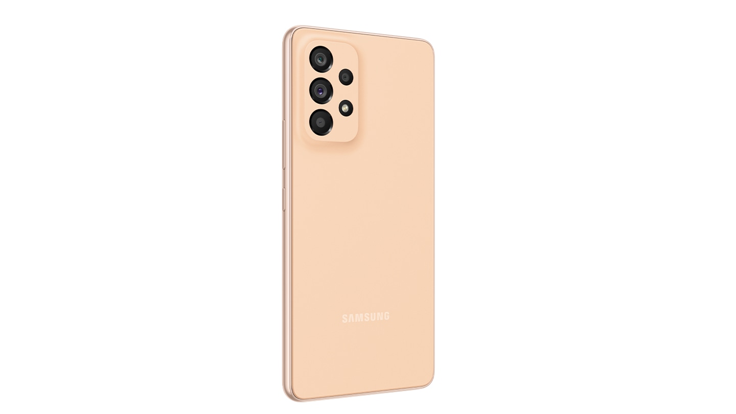 Galaxy A53 5G in Awesome Peach seen from the front with a colorful wallpaper onscreen. It spins slowly, showing the display, then the smooth rounded side of the phone with the SIM tray, then the matte finish and the minimal camera housing on the rear and comes to a stop at the front view again.