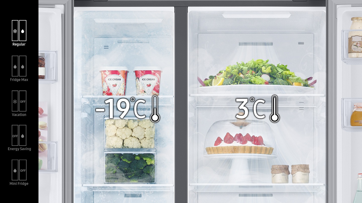 Regular(-19℃ in freezer, 3℃ in fridge), Fridge Max(both 3℃ in freezer and fridge), Vacation(-19℃ in freezer, fridge off), Energy Saving(freezer off, 3℃ in fridge), and Mini Fridge(3℃ in freezer, off fridge) modes are available with the buttons inside the RS8000NC.