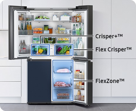 The refrigerator’s three doors are open to display the different compartments of the fridge. The Crisper+ drawer is in the upper left, while Flex Crisper is in the upper right of the fridge. On the bottom right of the fridge is the FlexZone.