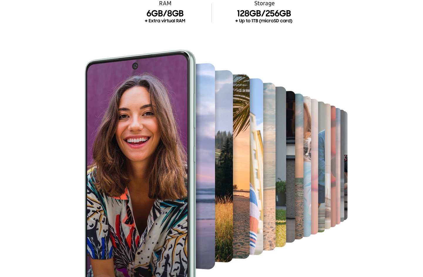Galaxy A73 5G seen from the front, displaying an image of a woman smiling. Behind the smartphone are numerous pictures in the smartphone shape, lined up and showing various landscape environments. Text reads RAM 6G/8GB +Extra virtual RAM and Storage 128/256GB +Up to 1TB (micro SD card).