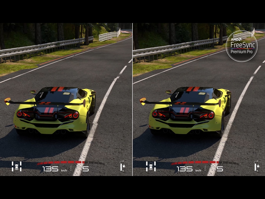 During in-game gameplay of race car game, a zoom-in call out graphic magnifies the corner of the race car, and the words †Screen Tearing' appear. There is a comparison between before AMD FreeSync Premium Pro is applied and after on a split screen.