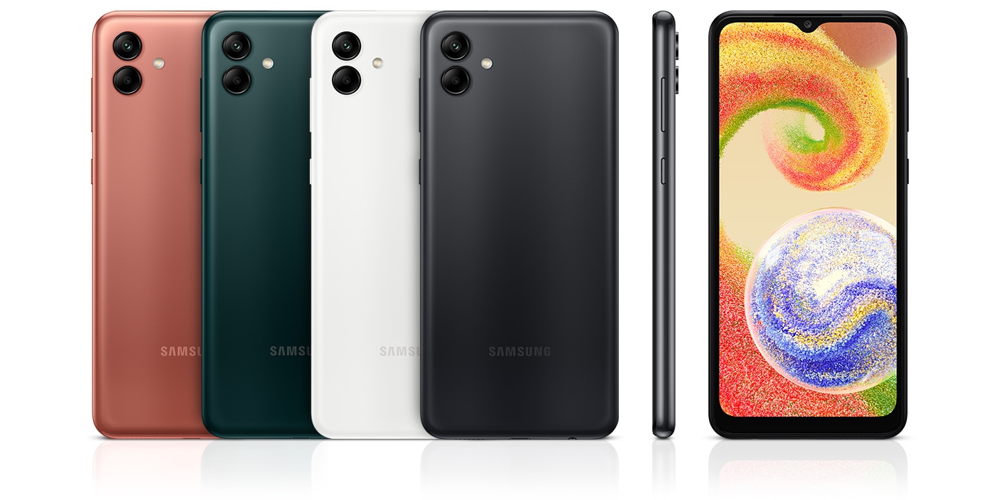 Six devices are displayed to appeal their colors and design. Four reversed ones are in copper, green, white, and black while one is looking at the front and another showing the right side of device.