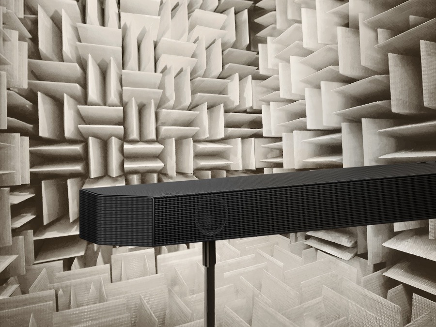 Samsung Soundbar seen from the rear in an anechoic chamber used to test each aspect of the soundbar.