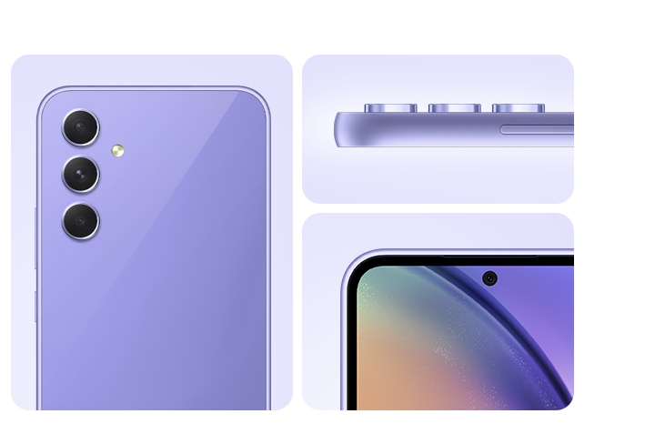 2. A Galaxy A54 5G in Awesome Violet is showing its camera layout, side view of the camera layout and the front of the device.