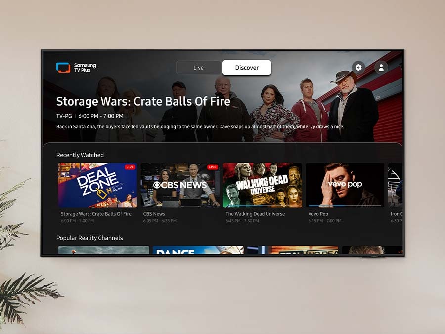Samsung TV Plus UI image shows various images of popular content. 