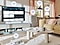 The SmartThings UI is on display on the TV. Wi-Fi icons are floating on top of the TV, vacuum robot, air purifie and lights