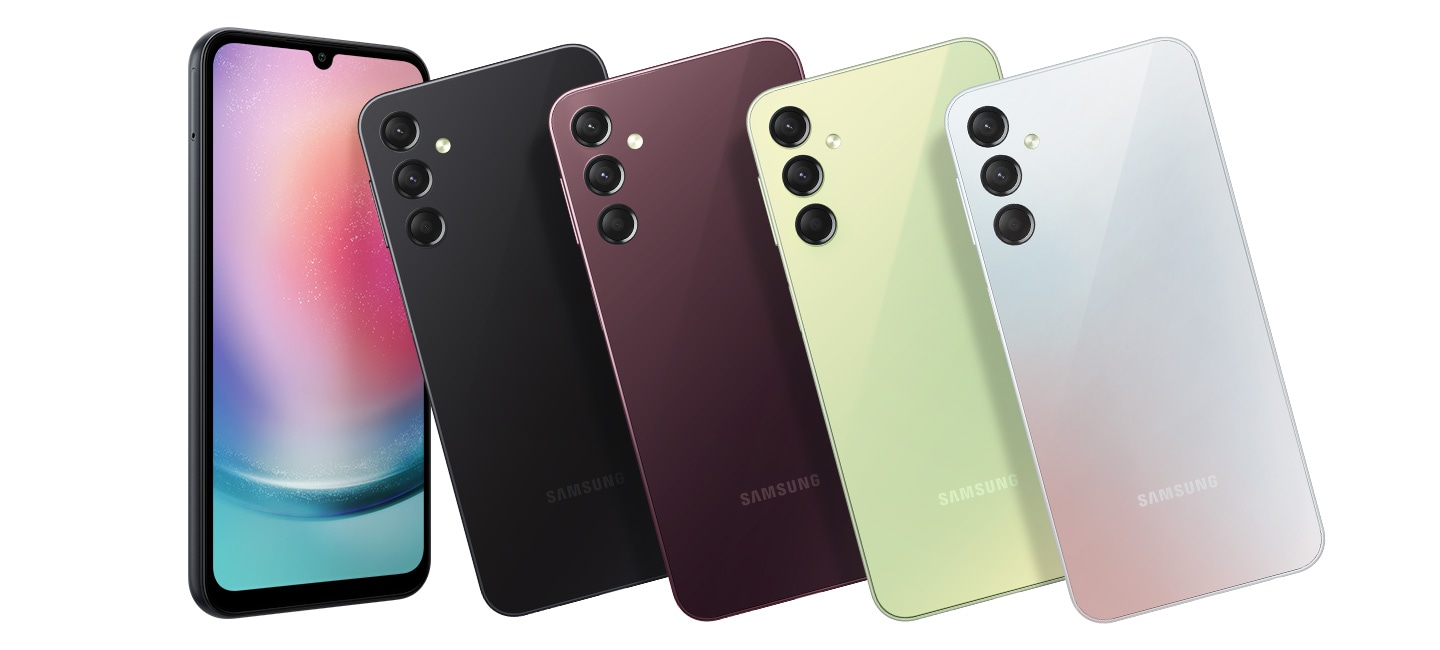 Mai multe dispozitive ale lui Galaxy A24 sunt aliniate pentru a-și prezenta opțiunile de culoare.