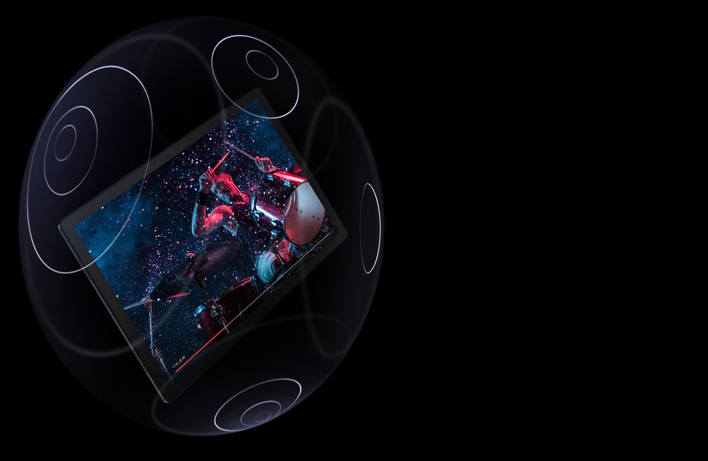 Galaxy Tab A8 is shown floating inside a transparent sphere that has concentric circles marked on its surface. Screen shows a man playing drums, with a progress bar at the bottom.